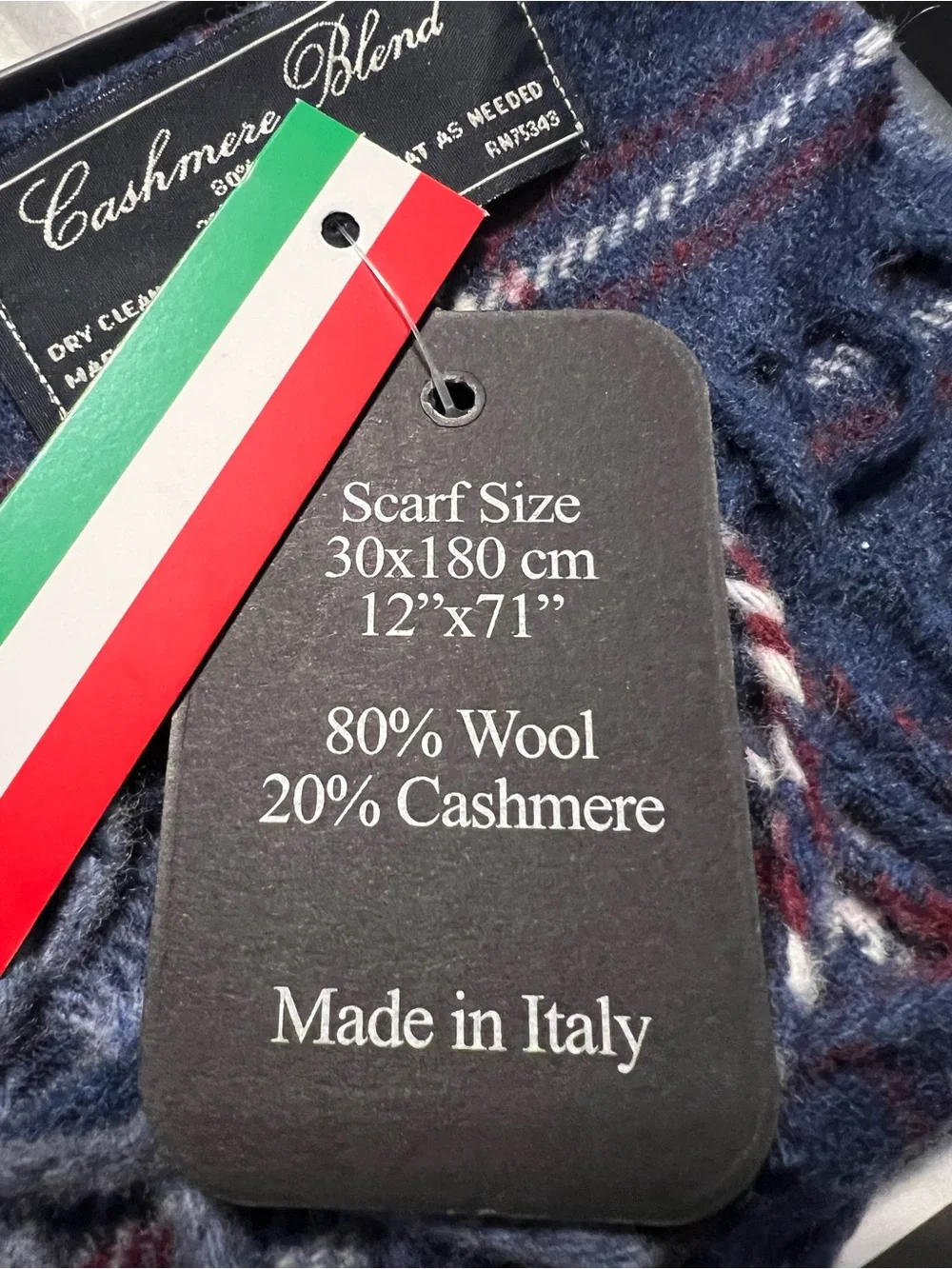 Linea Emmeti Cashmere Wool Blend Blue Scarf Men’s 12” X 71” Made in Italy